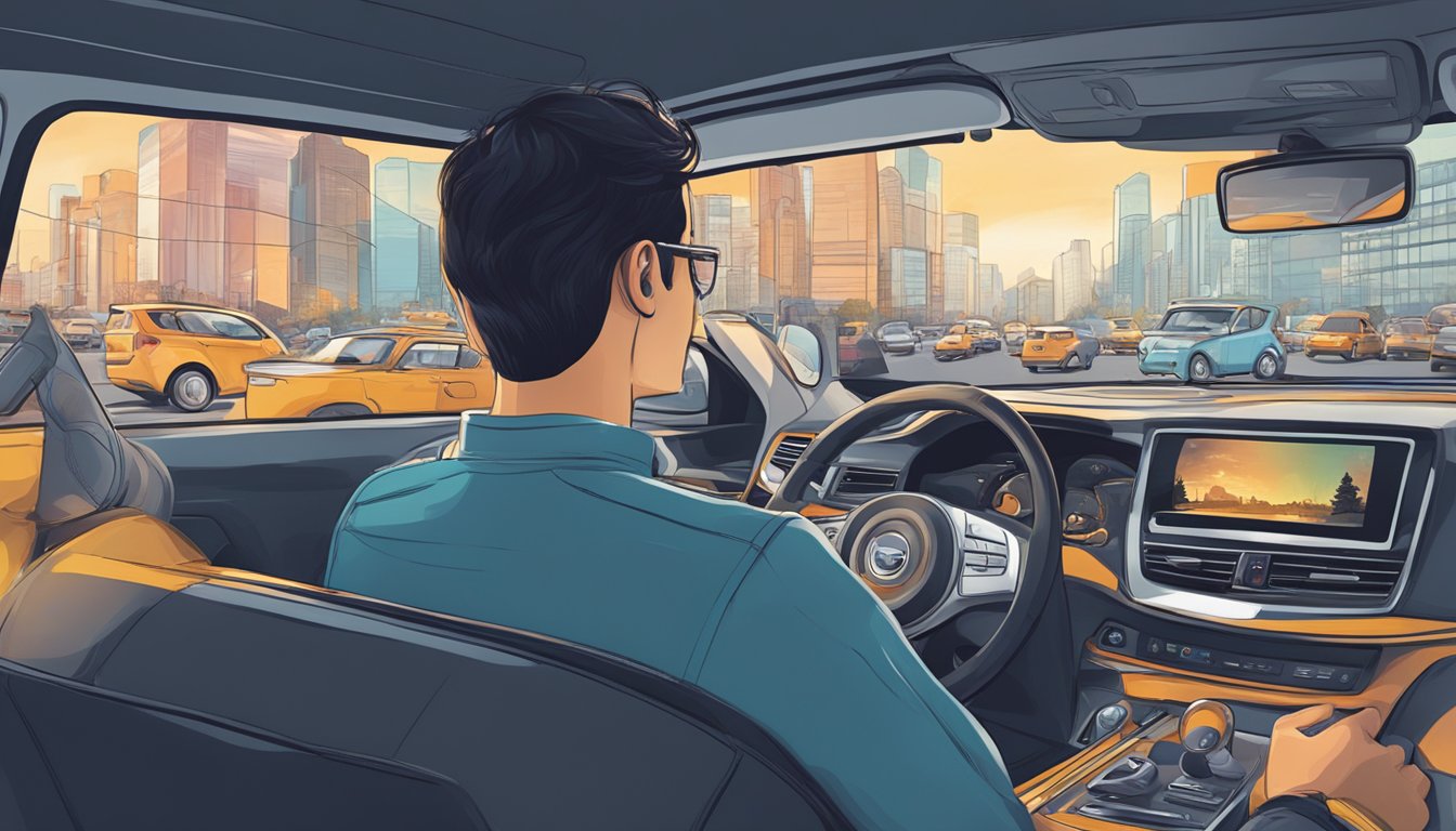 A person listening to an audiobook in a car, surrounded by traffic.
The person’s face reflects concentration and engagement with the
content, while the outside world blurs
by