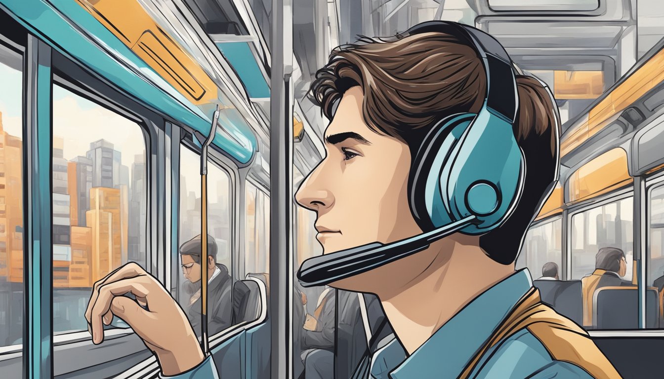A person listening to an audiobook while commuting, with a look of
focus and concentration on their face. The audiobook cover is visible,
and the surroundings show a busy urban
environment