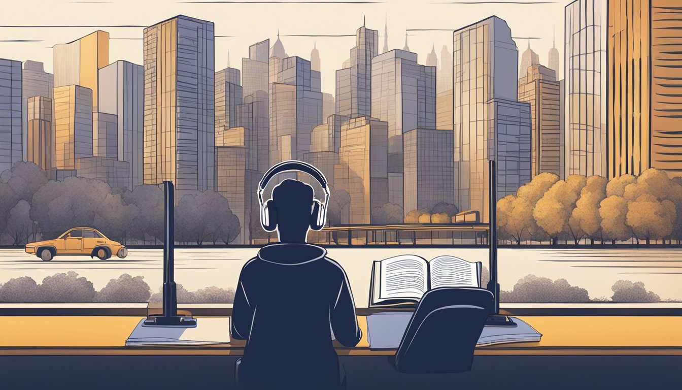 A person listening to an audiobook on headphones while commuting. A
cityscape in the background with a book transforming into sound
waves