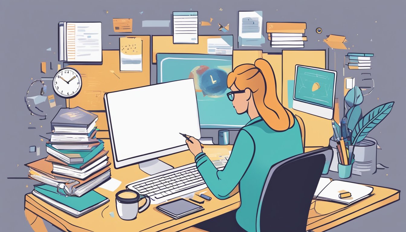 A person sits at a desk with a planner, books, and a computer,
surrounded by motivational quotes and images of success. They are
writing down specific, measurable, achievable, relevant, and time-bound
(SMART) goals for their lifelong learning
journey