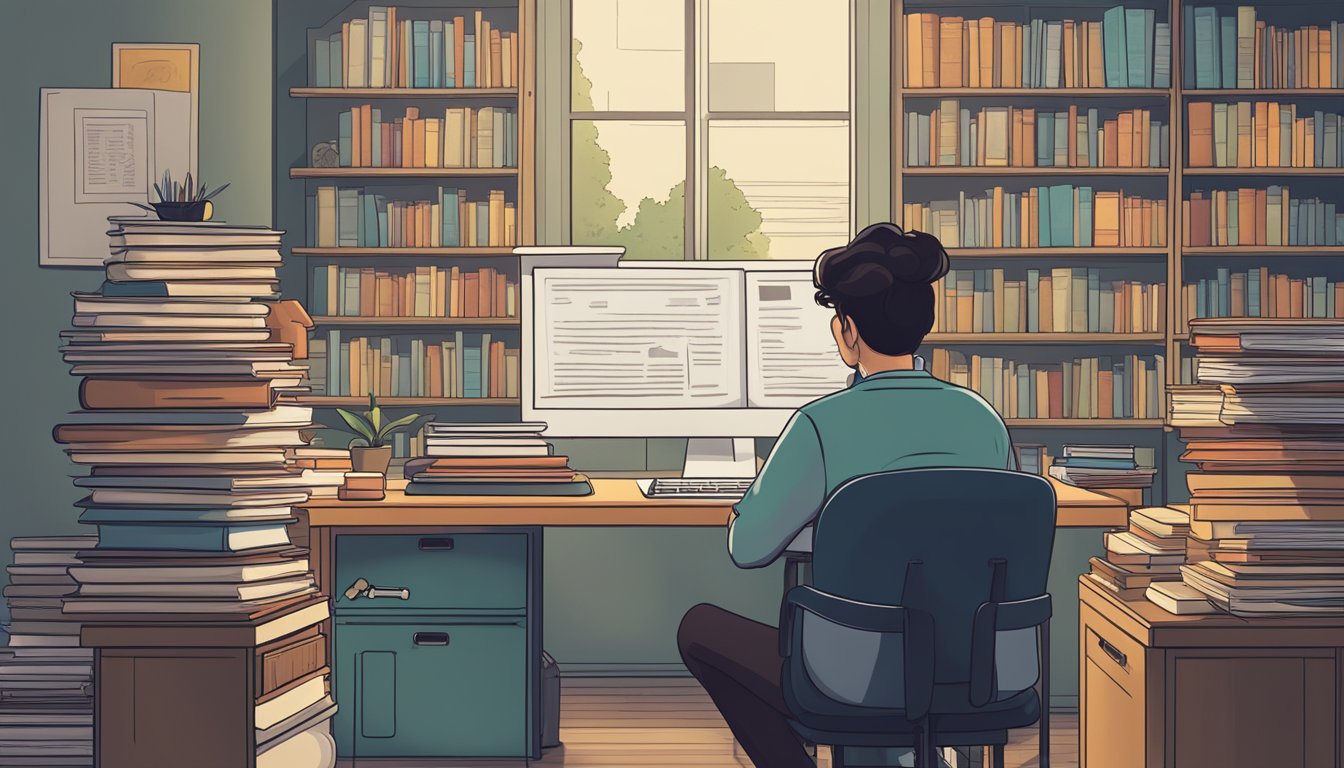 A person sitting at a desk surrounded by books, a laptop, and various
learning resources. The person is engaged in deep concentration, with a
determined expression on their
face