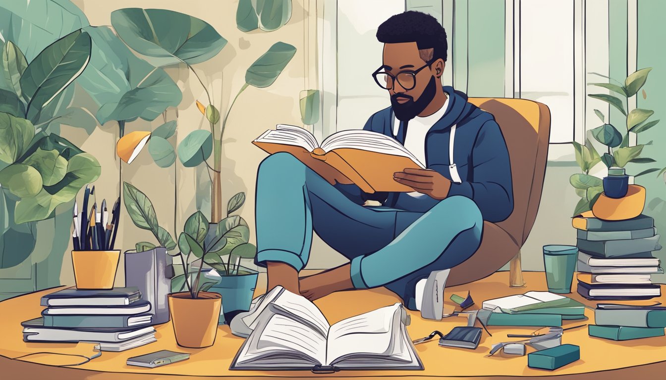 A person reading a book titled “The Power of Habit” while surrounded
by various tools and resources for learning and
growth