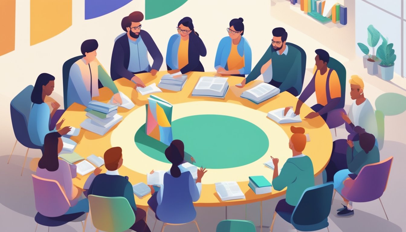People gathered in circles, sharing ideas and insights. Books and
learning materials scattered around. Engaged expressions and animated
gestures. A vibrant atmosphere of collaboration and
growth