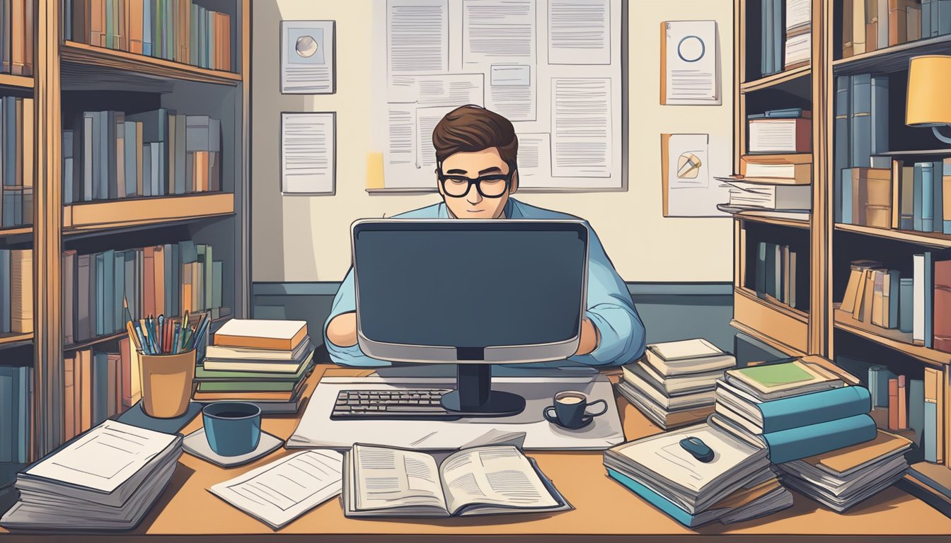 A person sitting at a desk surrounded by books and a computer, with a
certificate on the wall, symbolizing continuous learning and career
advancement