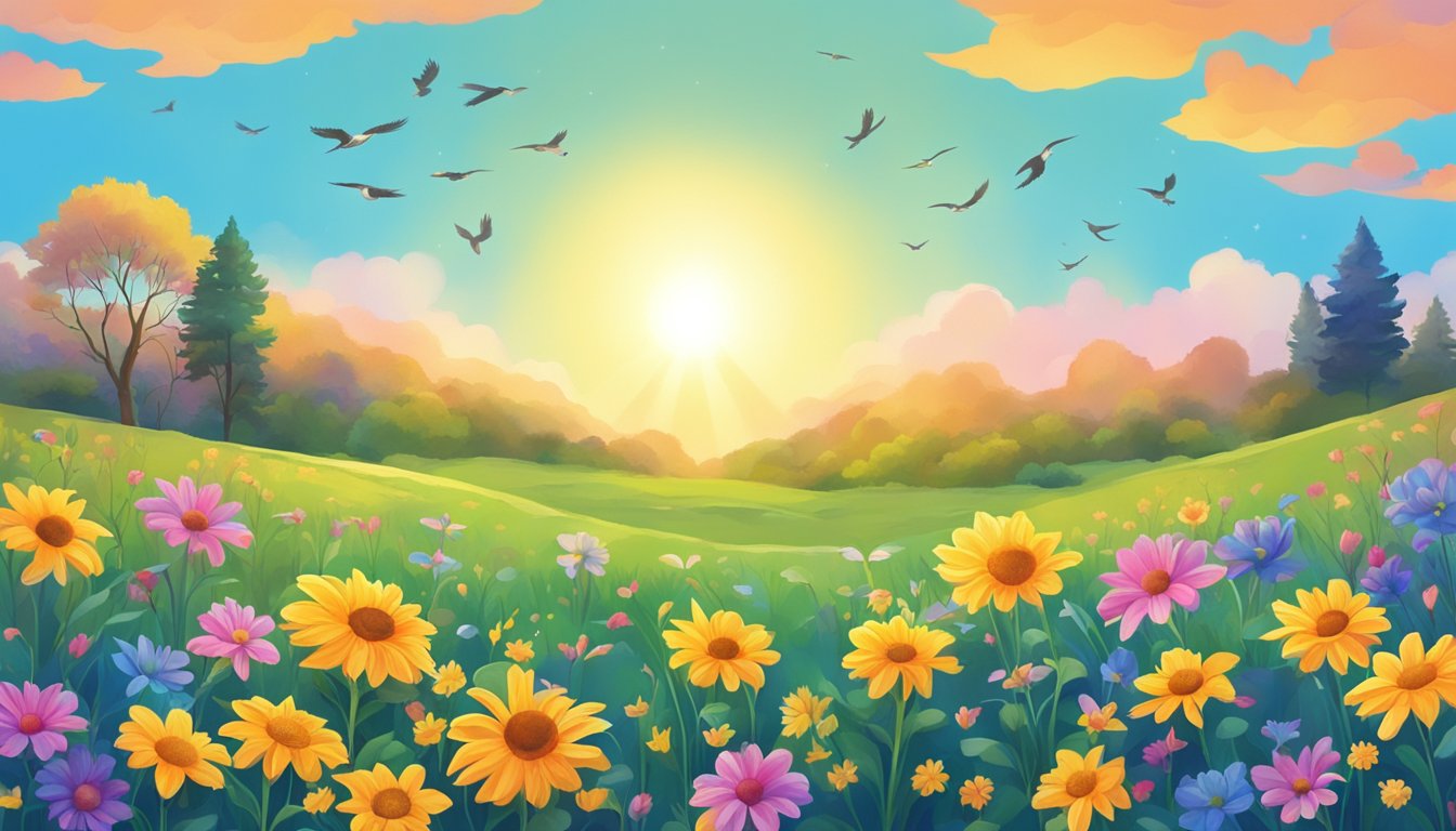 A vibrant sun rises over a tranquil meadow, as colorful flowers bloom
and birds sing joyfully in the clear blue
sky