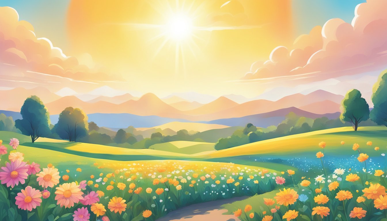 A bright sun shining over a serene landscape with vibrant flowers and
a clear blue sky, symbolizing the power of positive
thinking
