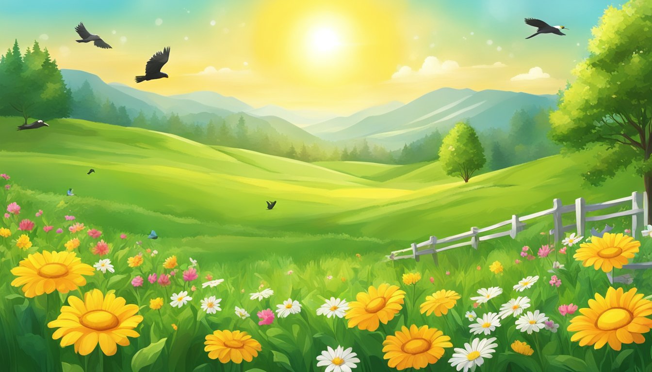 A bright sun shines over a lush green meadow, with colorful flowers
blooming and birds flying freely. The scene exudes a sense of peace and
optimism