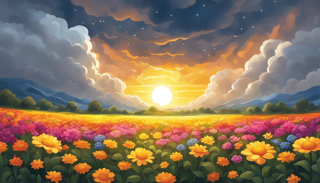 A bright sun breaking through storm clouds, casting a warm glow on a
field of vibrant
flowers