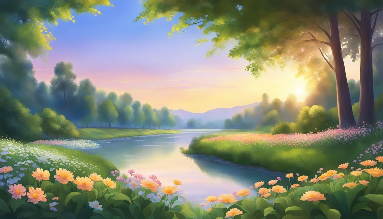 A serene landscape with a vibrant sunrise, blooming flowers, and a
calm river flowing, surrounded by lush green trees and a clear blue
sky