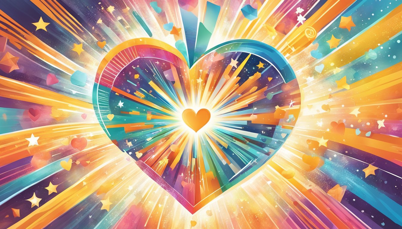 A vibrant sunburst radiates from a glowing heart, surrounded by
uplifting words and symbols of growth and
success