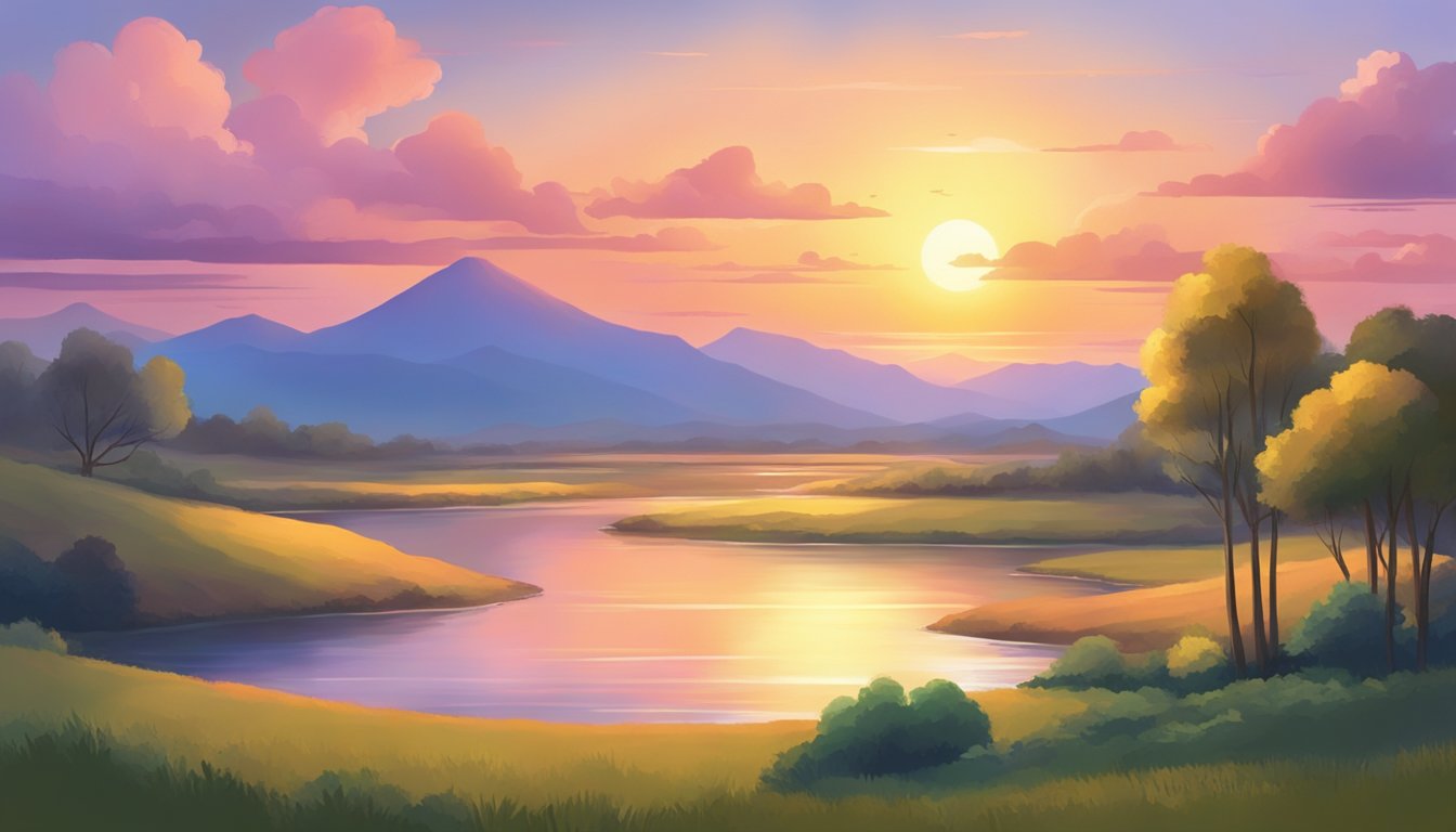 A serene sunset over a tranquil landscape, with vibrant colors and a
sense of peace and
harmony