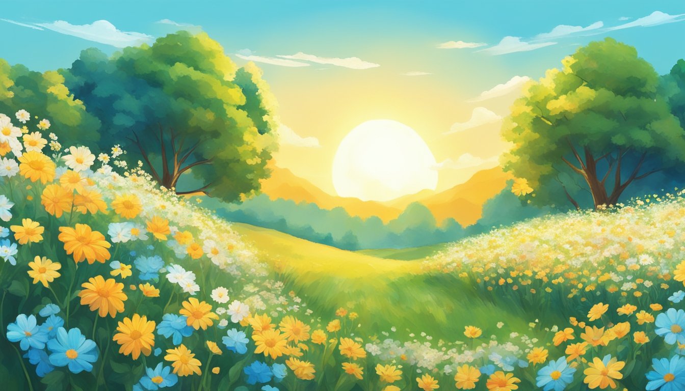 A vibrant sun shining down on a field of blooming flowers, with a
gentle breeze swaying the surrounding trees. The clear blue sky reflects
a sense of peace and
positivity