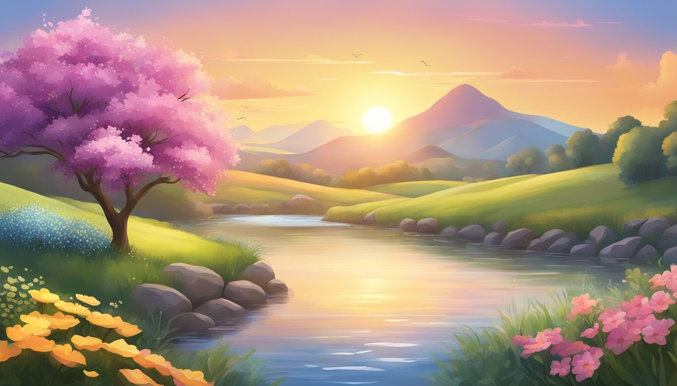 A serene countryside landscape with a vibrant sunrise, blooming
flowers, and a calm flowing river, symbolizing the legacy of ‘The Power
of Positive
Thinking’