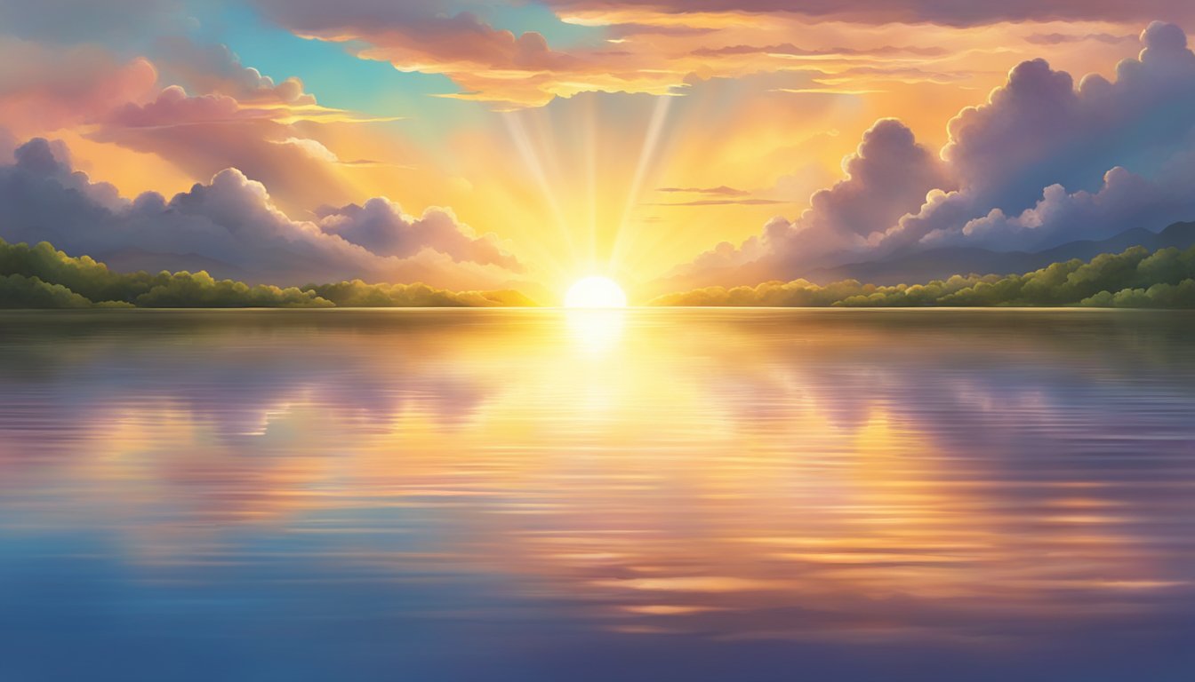 A vibrant sunrise over a calm, serene landscape, with rays of light
breaking through the clouds, symbolizing hope and
optimism