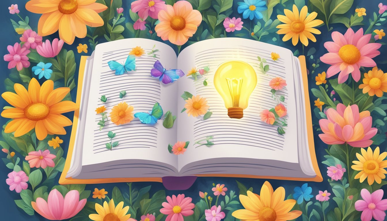 A bright light shines on a book titled “The Power of Positive
Thinking” surrounded by colorful flowers and uplifting
symbols