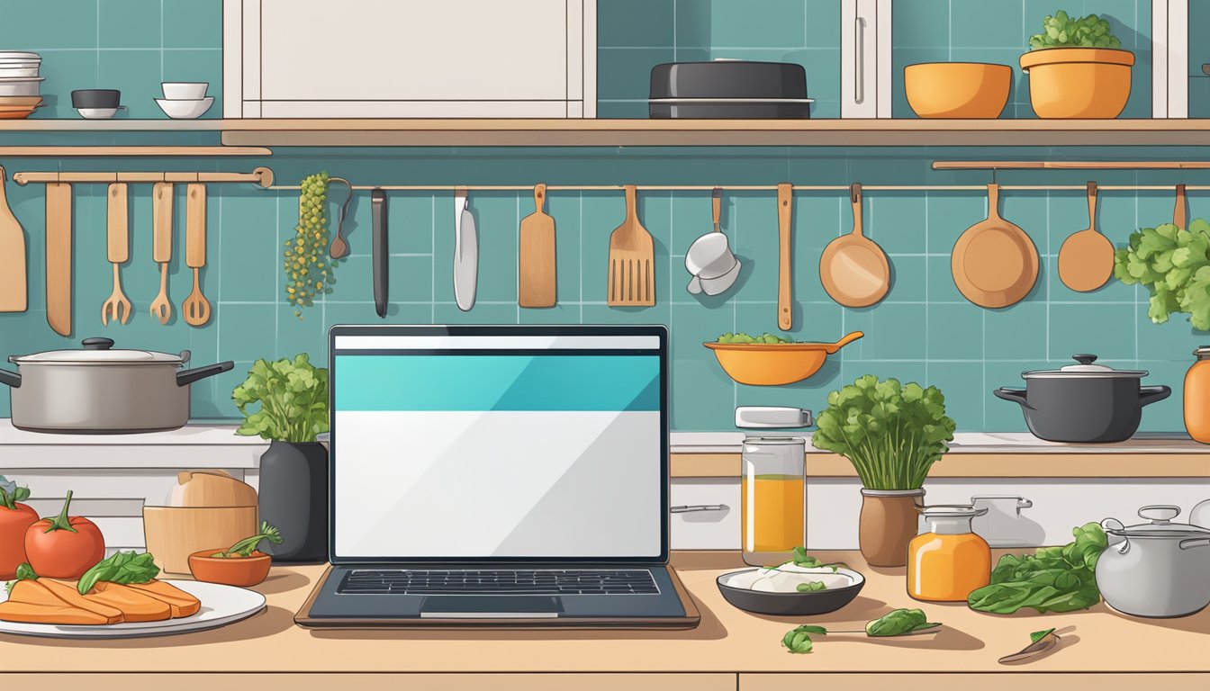 A laptop displaying a virtual cooking class with ingredients and
utensils laid out on a kitchen counter. A chef’s hat and apron hang
nearby