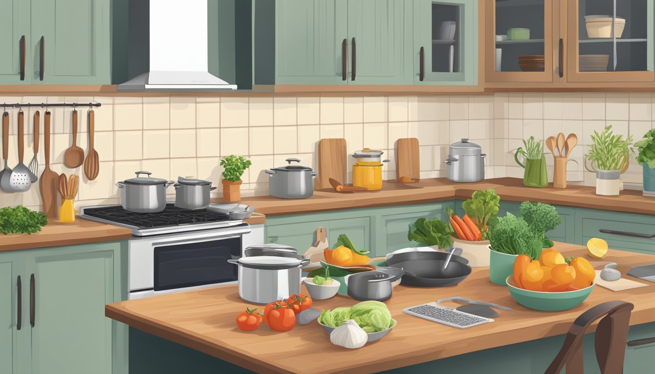 A kitchen counter adorned with various cooking utensils, fresh
ingredients, and a laptop displaying an online cooking class. A pot
simmers on the stove, filling the room with enticing
aromas