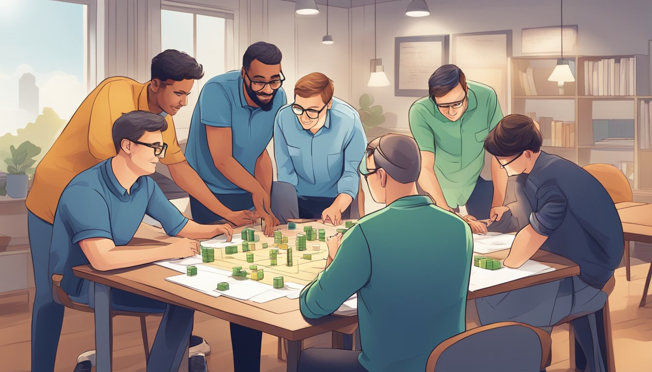 A group of adults engage in a collaborative educational game, using
interactive tools and technology to enhance their learning
experience