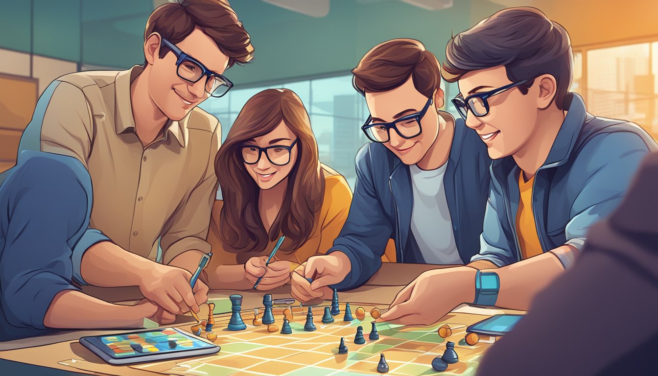A group of adults engage in a competitive educational game, using
technology and interactive tools to learn and apply new
skills