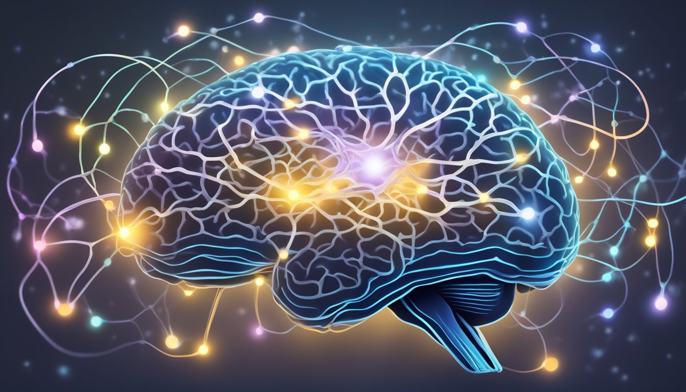 A brain surrounded by swirling neural connections, with a glowing
memory center. Textbooks and scientific research papers are scattered
around, highlighting the importance of sleep in memory
retention