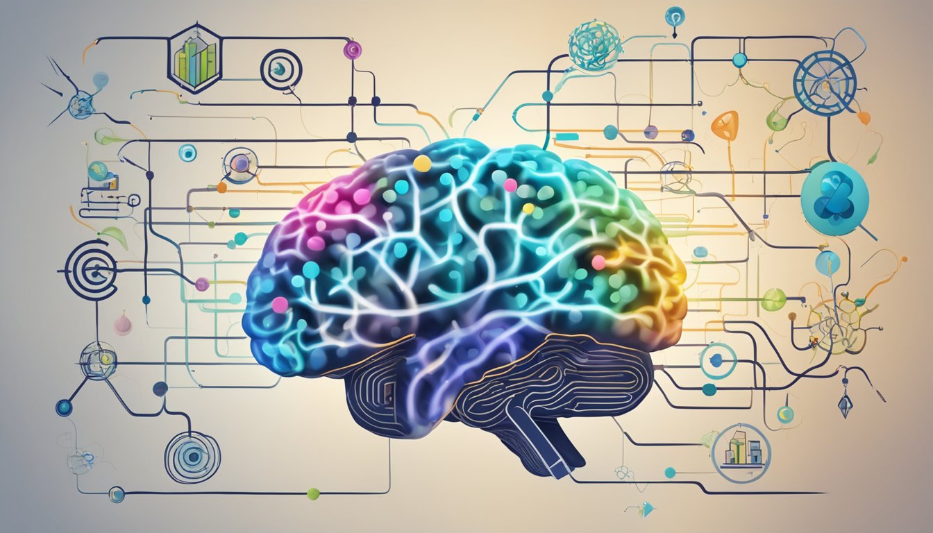 A vibrant brain with interconnected pathways, adapting and growing,
surrounded by symbols of learning and
growth