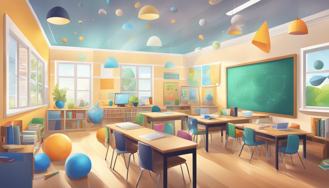 A bright classroom with diverse learning materials and technology,
organized in a way that promotes collaboration and independent
exploration
