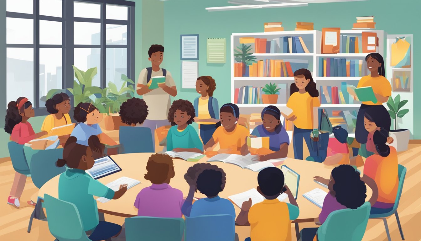 A diverse group of students engage in collaborative learning
activities in a welcoming and inclusive environment. Books, technology,
and various educational resources are readily available to support their
learning
journey