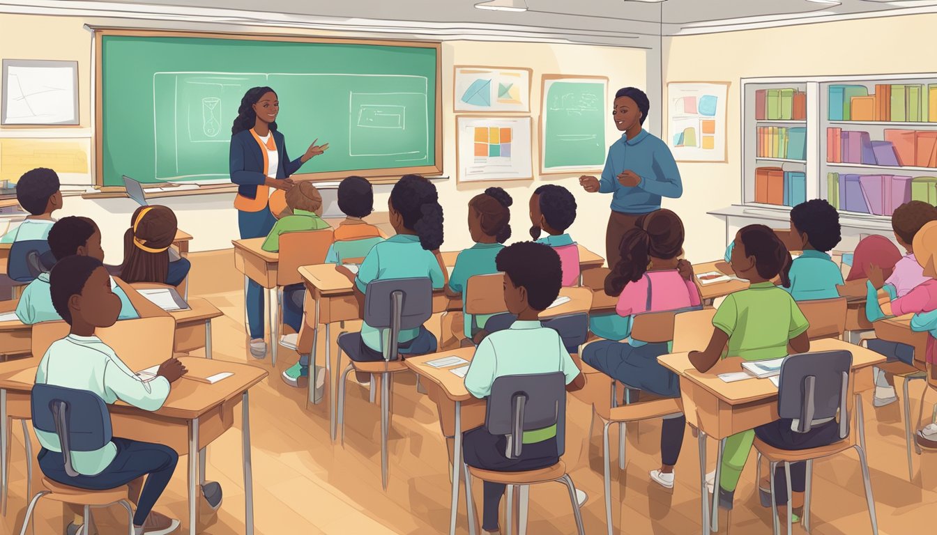 A bright classroom with diverse learning tools and technology.
Students engage in group discussions and hands-on activities. The
teacher provides constructive feedback and encourages
collaboration