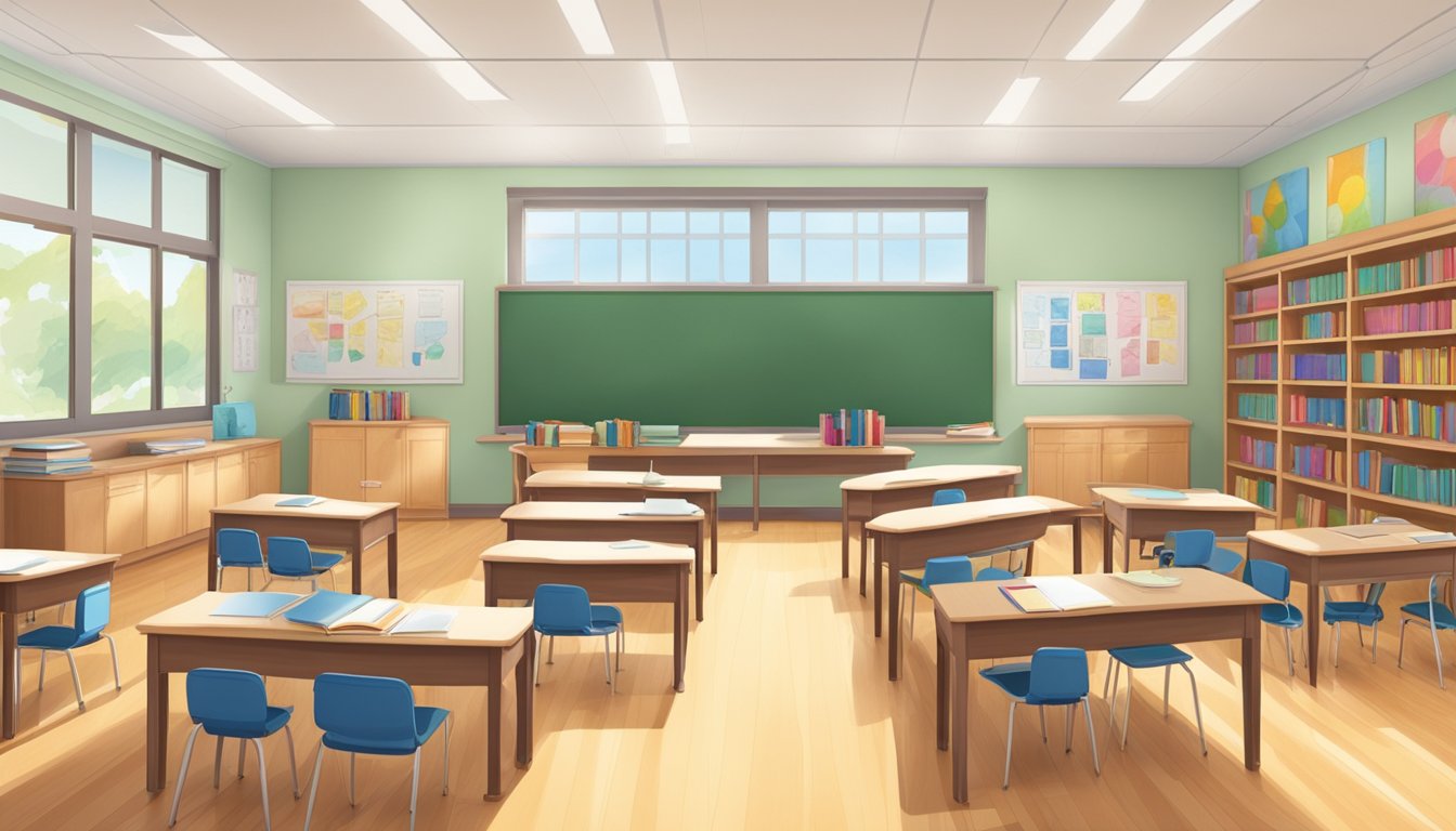 A bright, spacious classroom with comfortable seating, ample natural
light, and interactive technology. Books, art supplies, and educational
posters adorn the walls. A peaceful, organized atmosphere fosters
learning