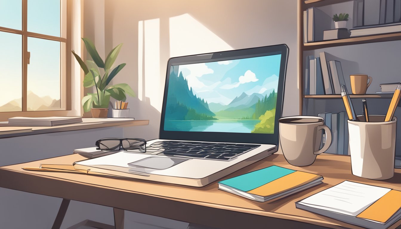 A desk with a laptop, notebook, and pen. A stack of books on writing.
A cup of coffee. A window with natural light. A motivational quote on
the
wall