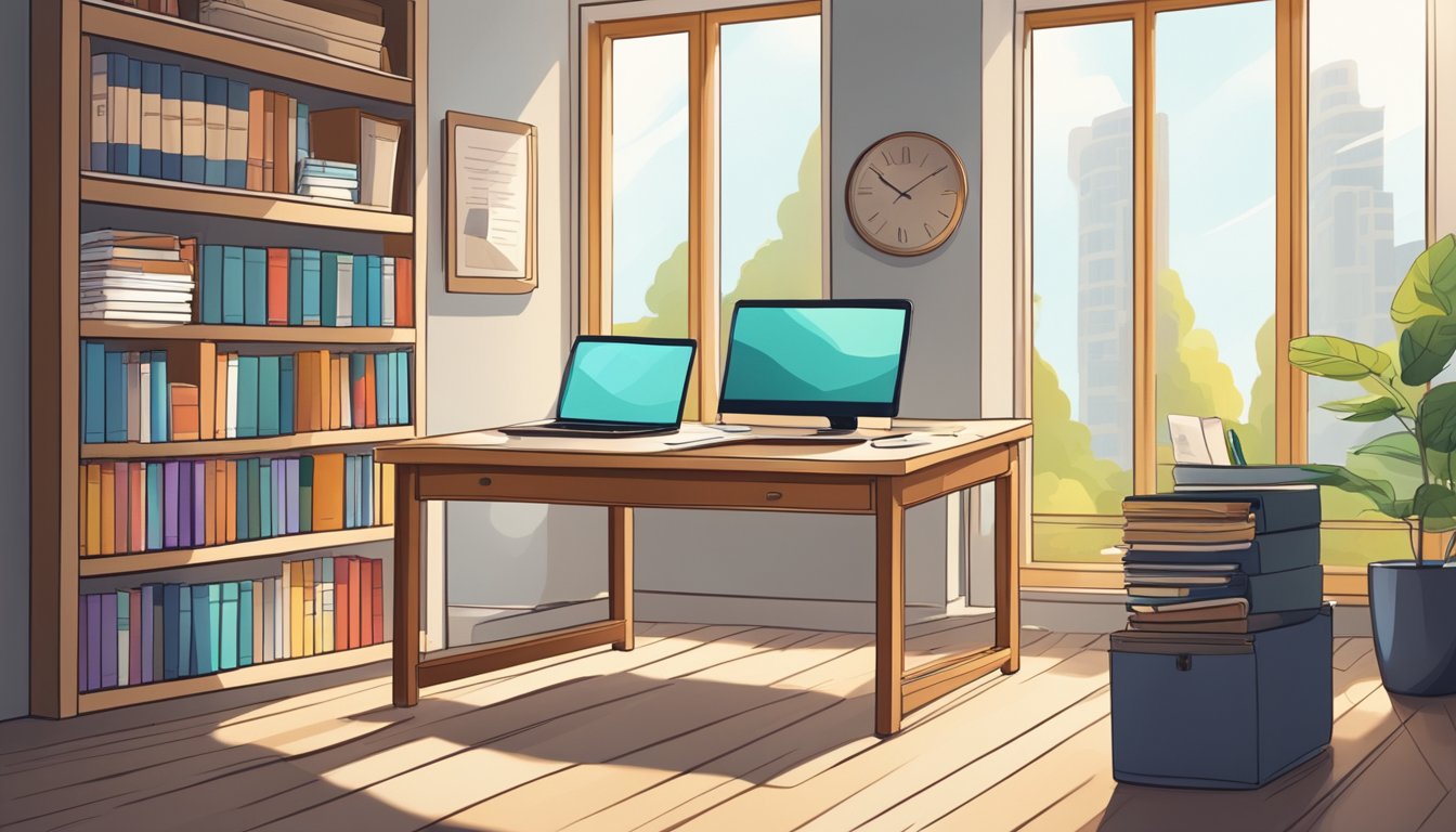 A desk with a laptop, notebook, and pen. A bookshelf filled with
writing guides. A window with natural light. A mug of coffee. A
motivational quote on the
wall