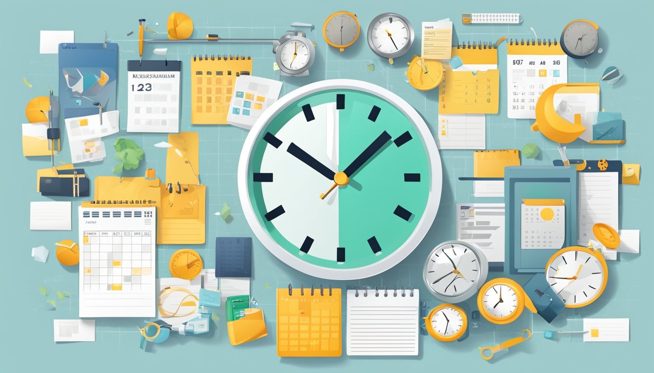 A clock with busy schedule items, such as work, exercise, and social
events, all neatly organized and balanced on a
calendar