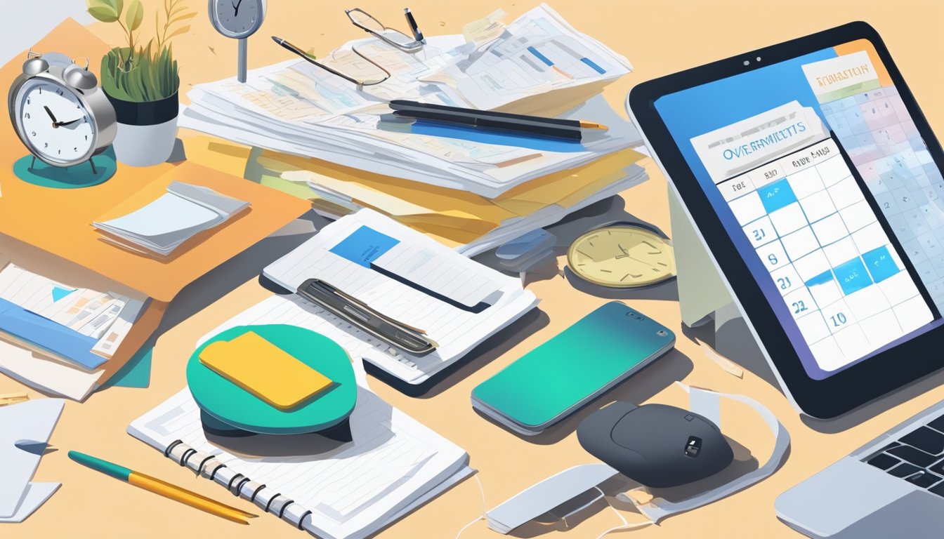 A cluttered desk with scattered papers, a clock ticking, and a
calendar with overlapping appointments. A phone buzzing with
notifications and an overflowing inbox. A sense of overwhelm and
urgency
