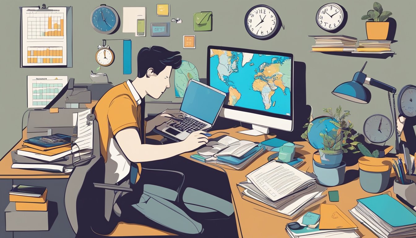 A cluttered desk with a laptop, calendar, and books. A clock on the
wall shows different time zones. A person multitasking with a phone in
hand
