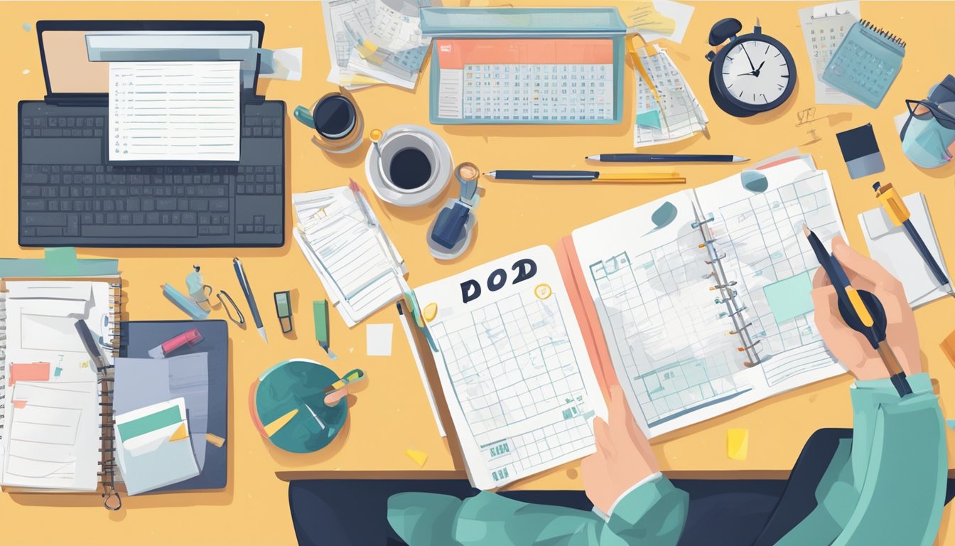 A cluttered desk with a calendar, clock, and to-do list. A person
juggling work and personal tasks. A sense of determination and
organization
