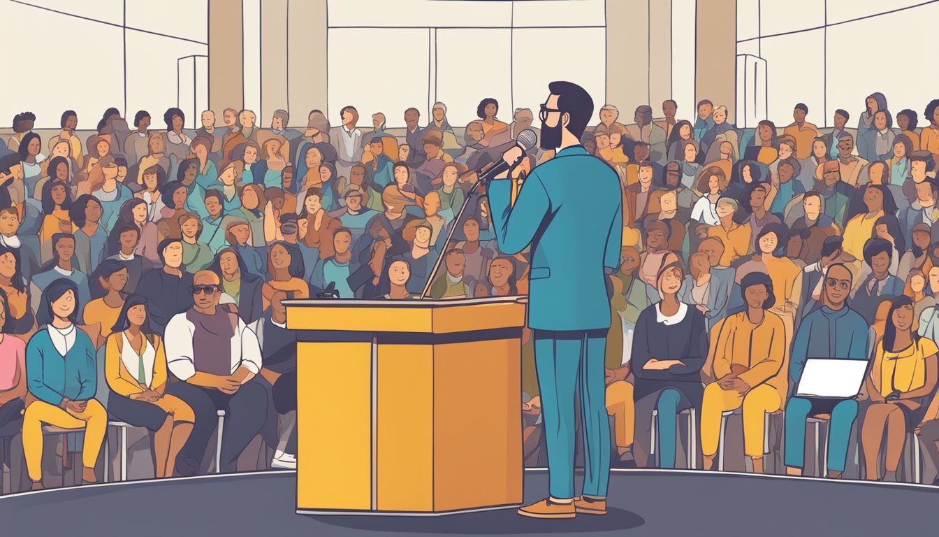 A person standing confidently on a stage, speaking into a microphone
with a large audience listening attentively. A projector displays
helpful tips and tricks for public speaking in the
background