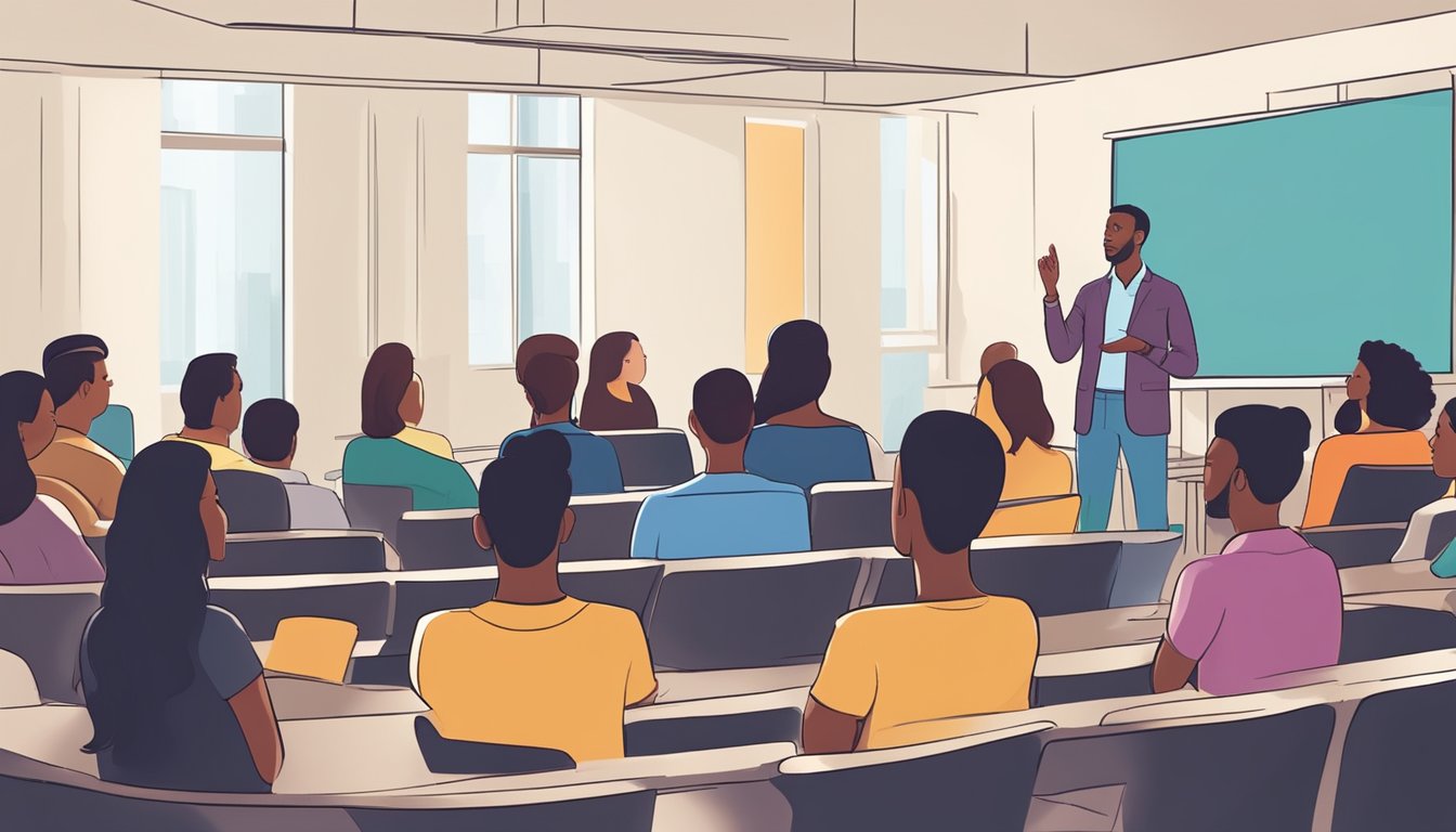 A diverse audience listens attentively as a confident speaker engages
them with tips and tricks for public speaking. Visual aids and engaging
body language enhance the
presentation