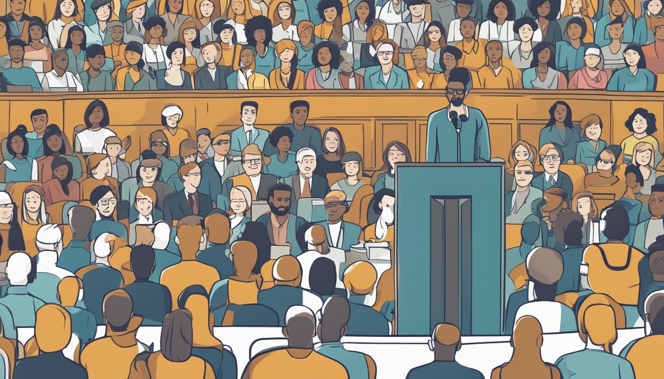 A podium with a microphone, surrounded by a diverse audience. A speech
bubble with “Crafting Your Message Tips and Tricks for Public Speaking”
hovers above the
podium