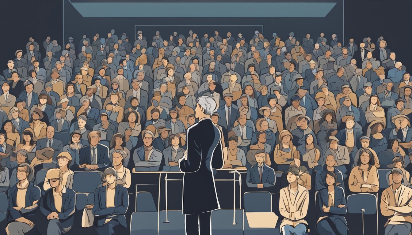 A person stands confidently on stage, facing a large audience. They
gesture with assurance, speaking clearly and articulately. The audience
listens attentively, nodding in
agreement