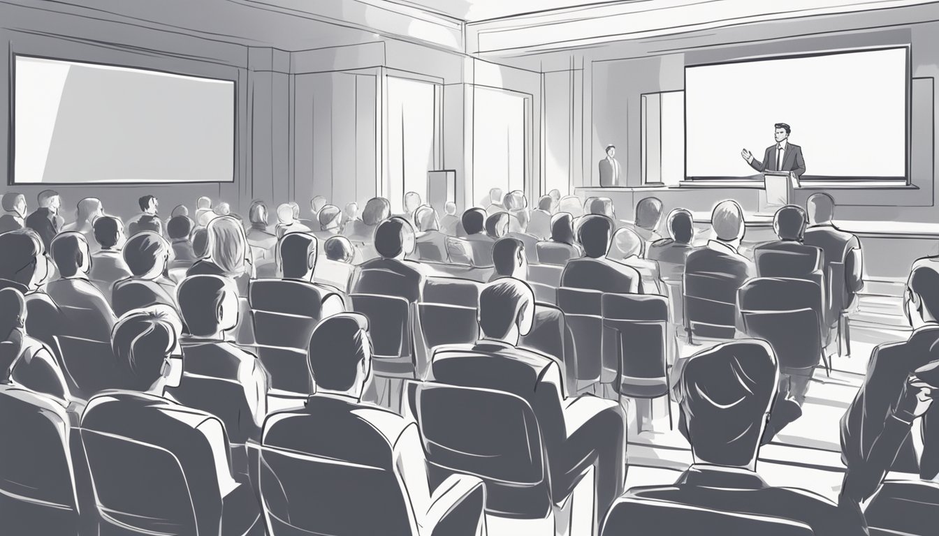 A speaker gestures confidently, making eye contact with the audience.
Visual aids enhance the presentation. The room is filled with engaged
listeners