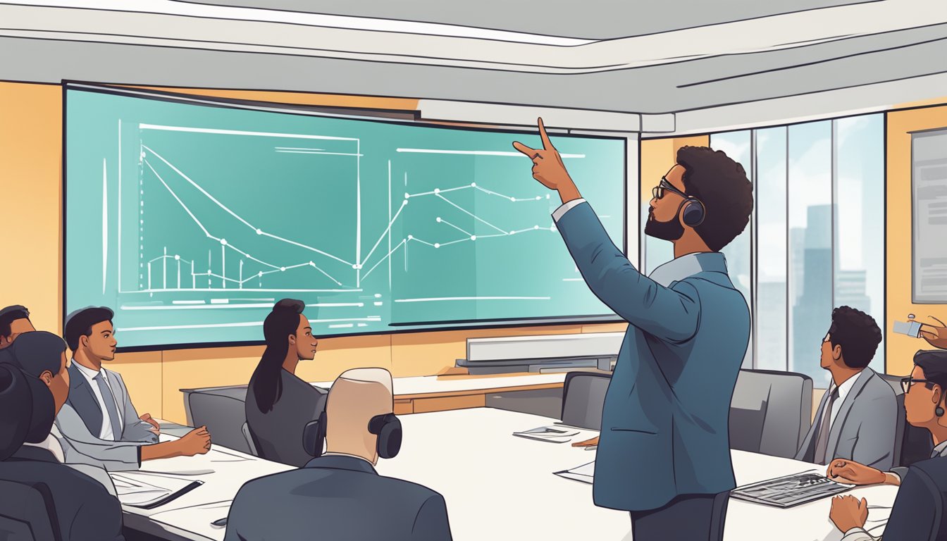 A speaker stands in front of a large screen, pointing to visual aids
and engaging the audience with eye contact and
gestures