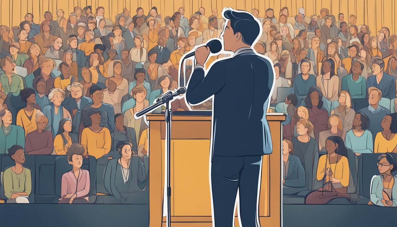 A person standing confidently on a stage, speaking into a microphone
with a clear and engaging voice, while the audience listens
intently