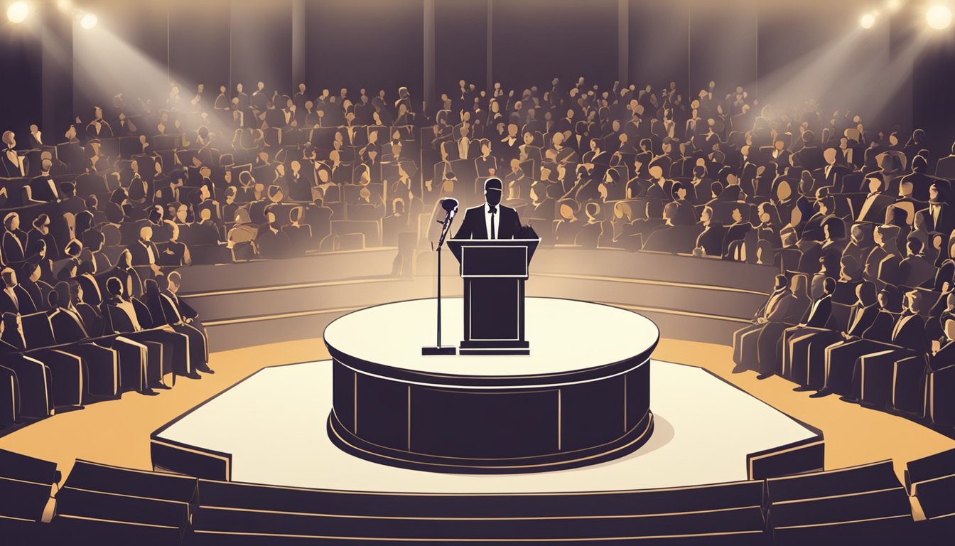 A podium stands center stage, surrounded by a hushed audience. A
spotlight illuminates the speaker’s notes, while a microphone awaits
their confident
delivery