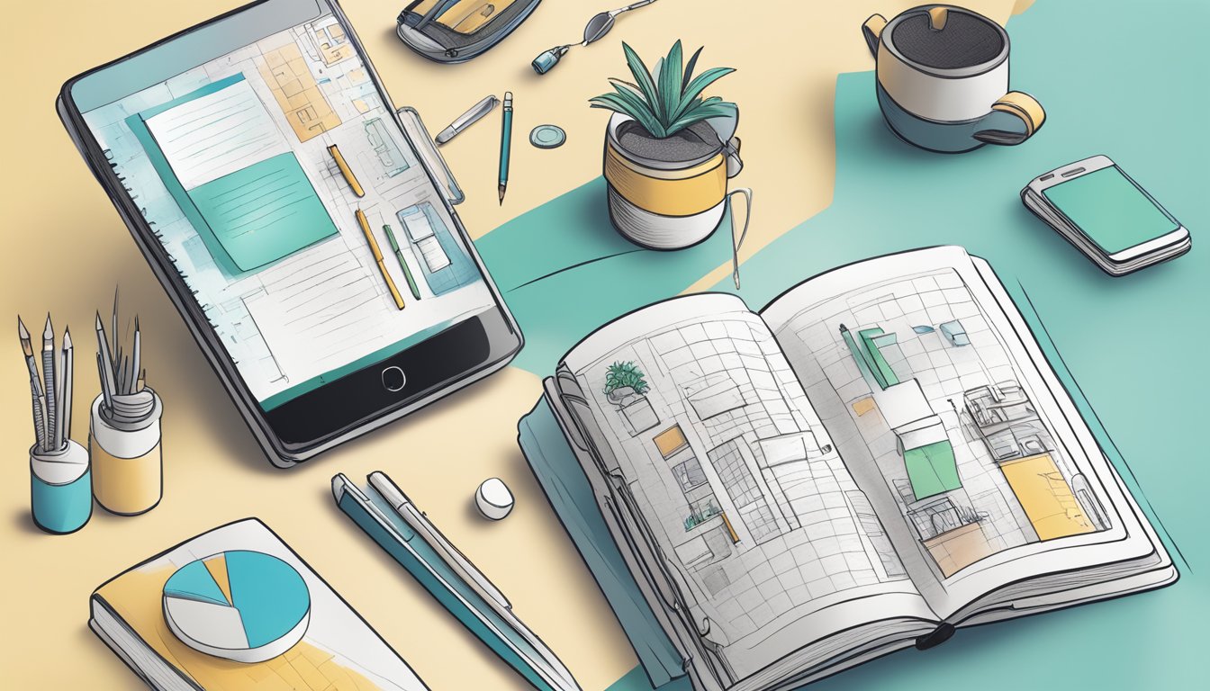 A journal with a mix of traditional and digital elements, featuring
hand-drawn illustrations alongside interactive app
elements