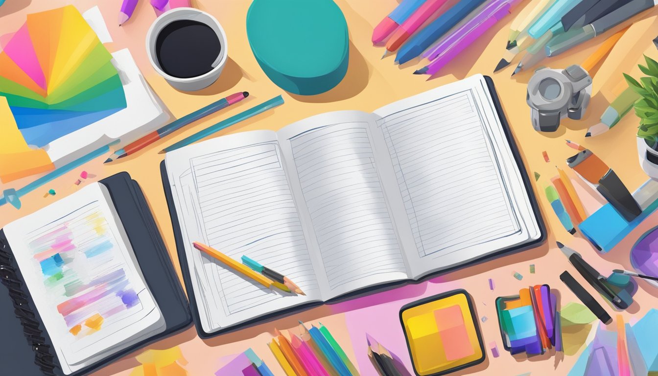 A journal lying open with colorful, unconventional ideas and
reflections, surrounded by art supplies and digital
devices