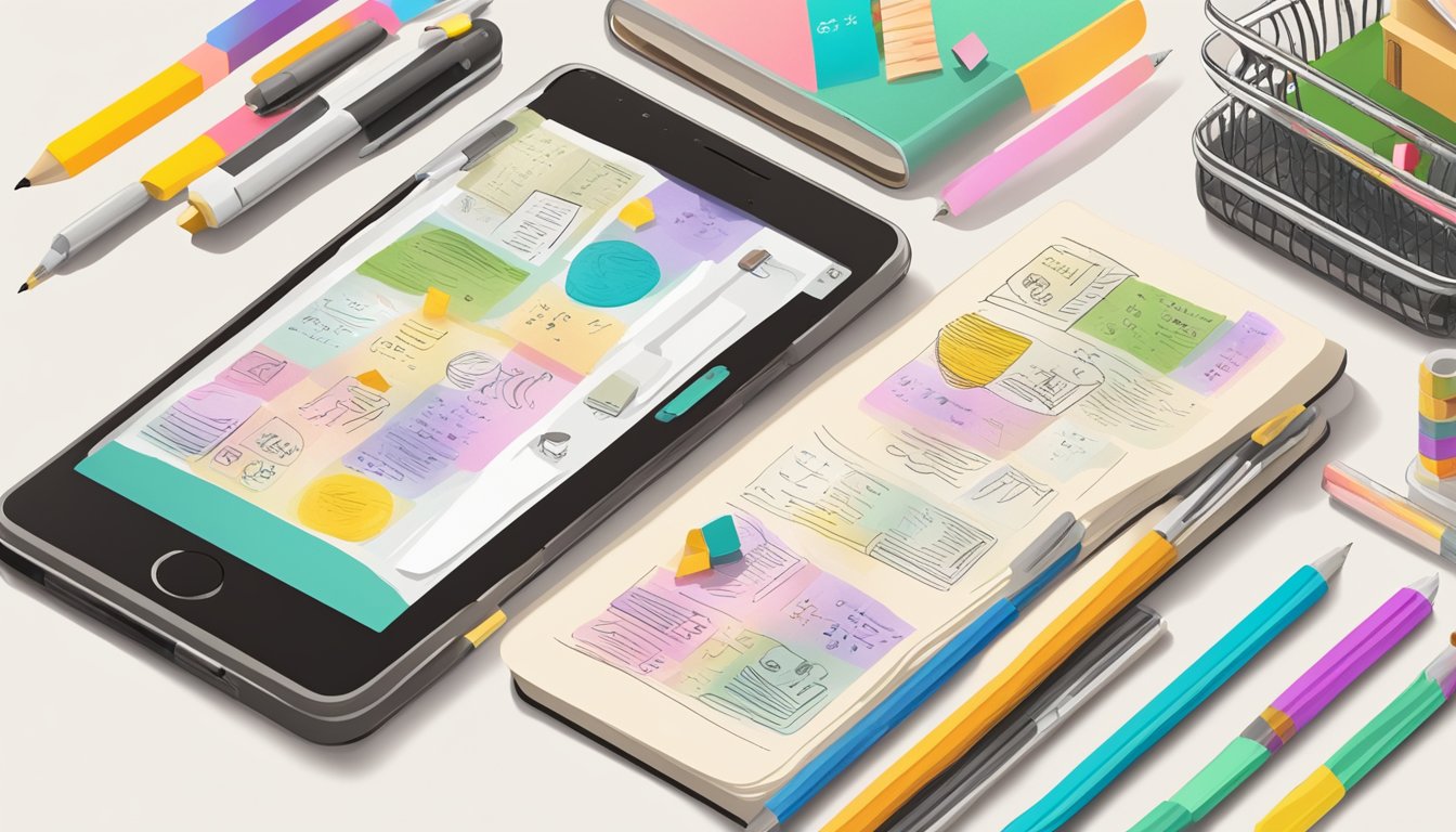 A journal lies open on a desk, surrounded by pens, stickers, and
colorful washi tape. A smartphone with a journaling app is displayed on
the
screen