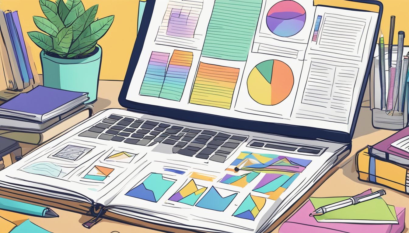 A journal with colorful, hand-drawn charts and lists, surrounded by
open books and a laptop displaying a journaling app
interface