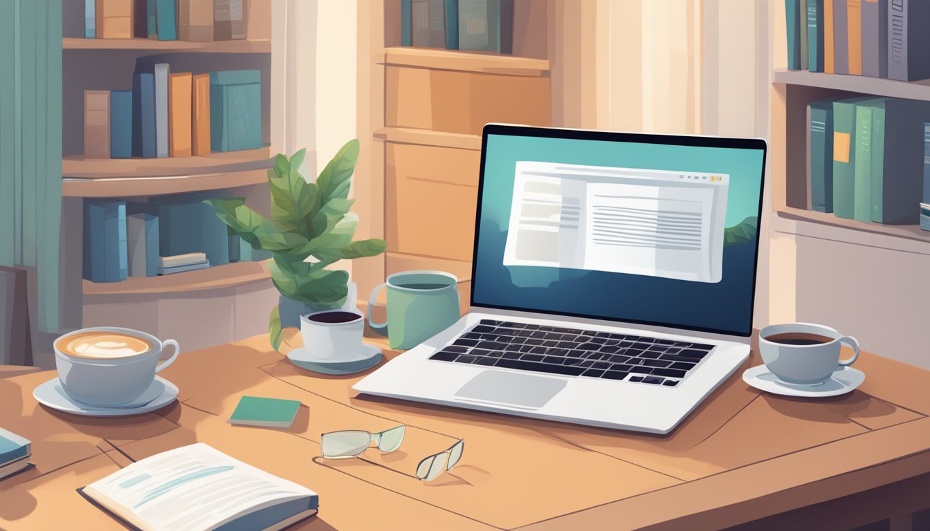 A laptop sits open on a table, displaying a virtual book club meeting.
A stack of books and a cup of tea are nearby, creating a cozy atmosphere
for discussing literature in the digital
age