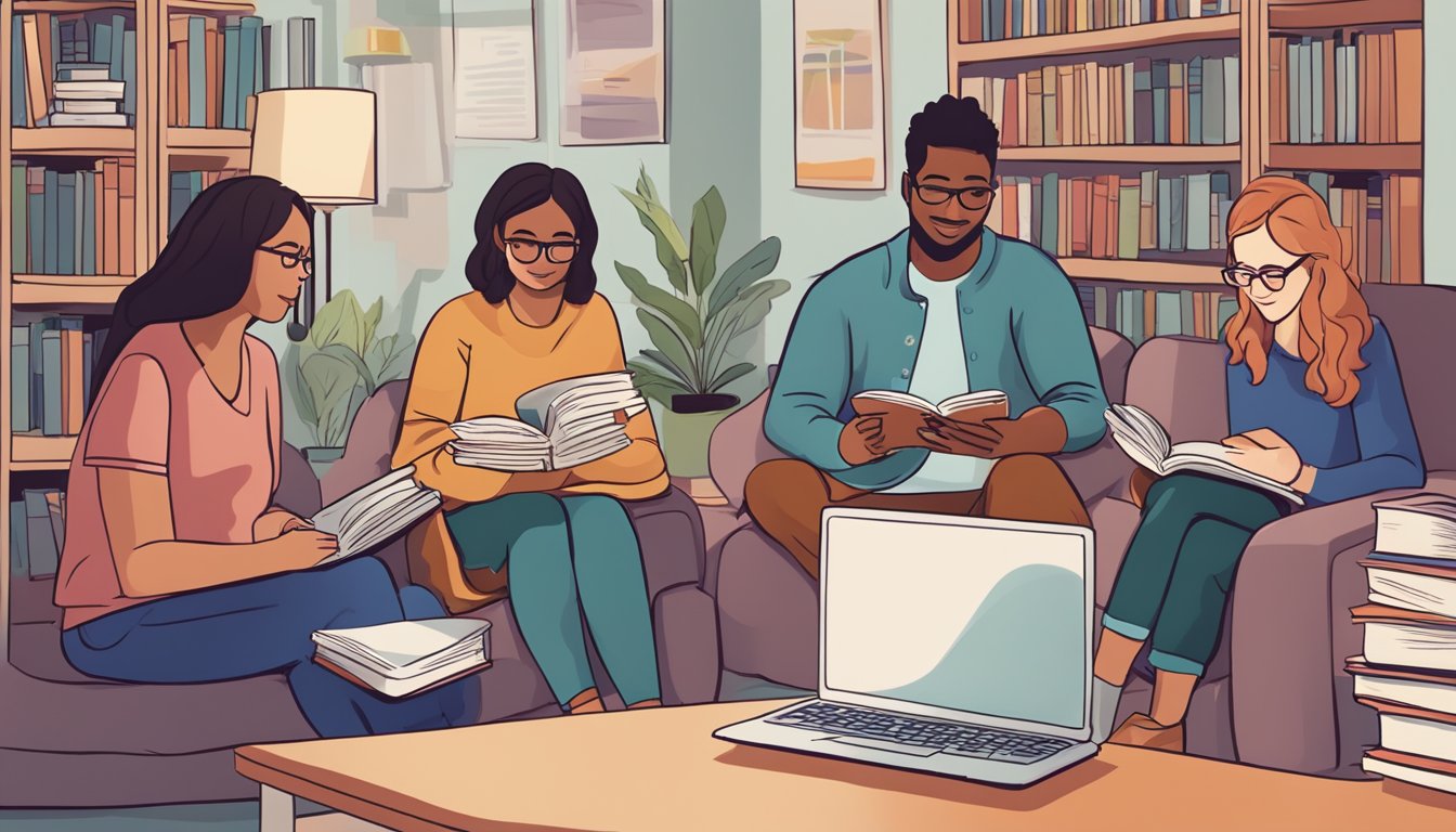 A laptop displaying a virtual book club meeting with multiple
participants engaged in a lively discussion about literature. In the
background, a bookshelf filled with various novels and a cozy reading
nook