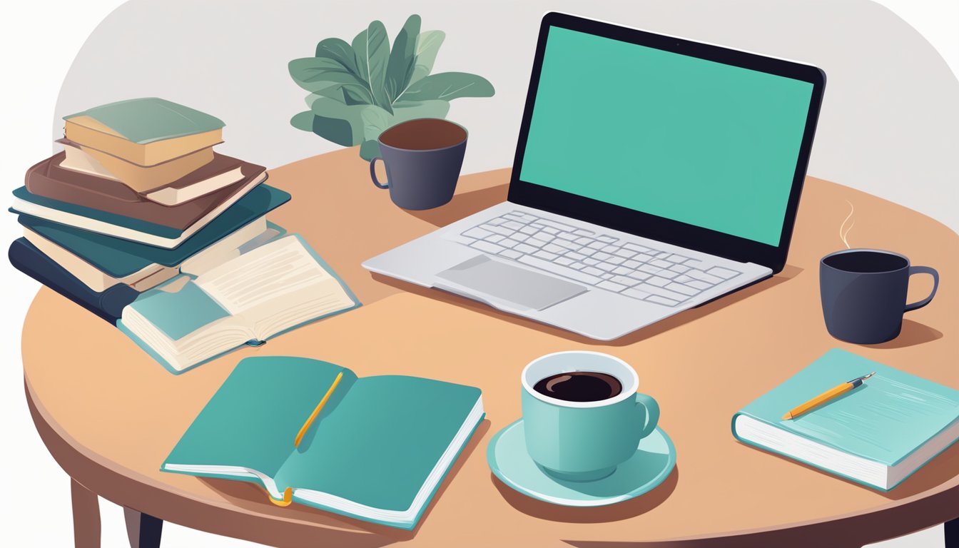A laptop open to a virtual book club discussion, with a stack of books
nearby and a cup of coffee on the
table